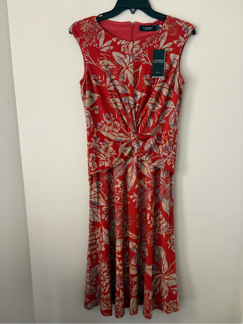 Ralph Lauren Red Floral Twist-Front Midi Dress Sz. 8 Petite New